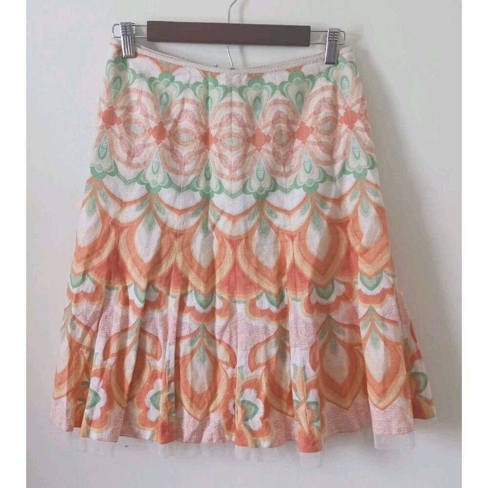 Tahari Linen Blend Skirt Embroidered Floral Green Orange Lightweight Size 2
